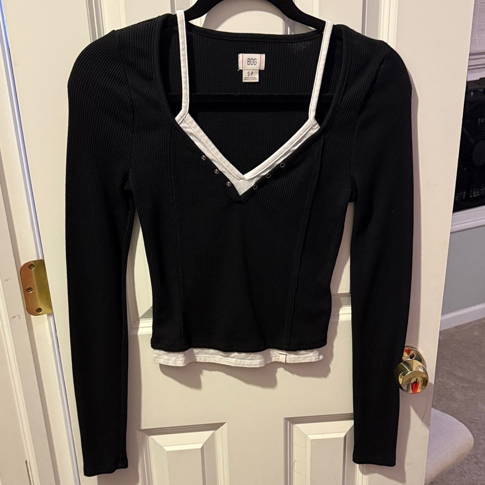 BDG Black V-Neck Blouse with White Trim